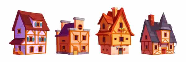 Vector gratuito viejas casas tradicionales de la calle de la ciudad de alemania ilustración vectorial de dibujos animados conjunto de edificios de piedra de la ciudad medieval con fachwerk de madera casas con entramado de madera con chimenea en puertas y ventanas de techo