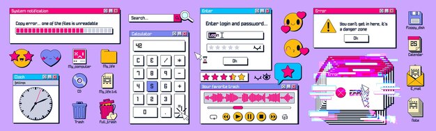 Viejas ventanas de computadora e iconos establecidos en el fondo