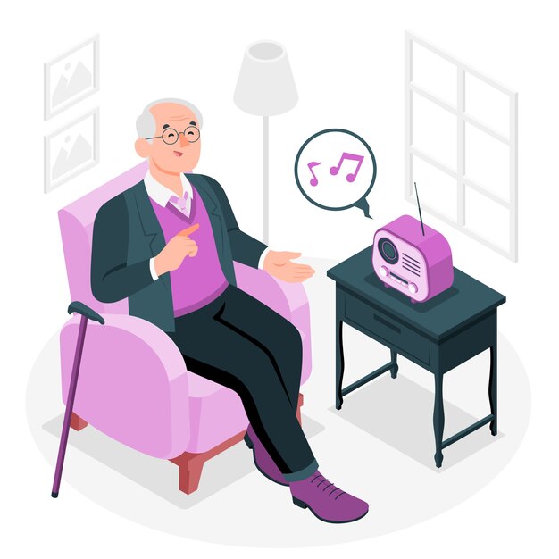 Viejo escuchando la ilustración del concepto de radio