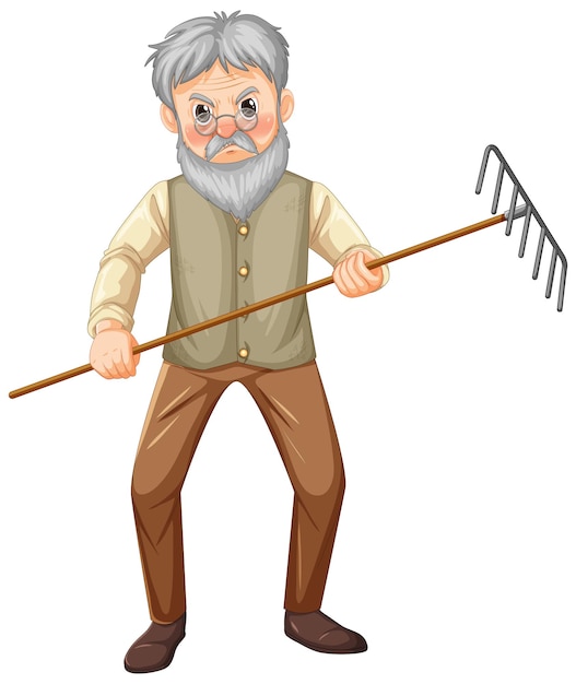 Viejo granjero hombre personaje de dibujos animados con herramienta de jardín rastrillo