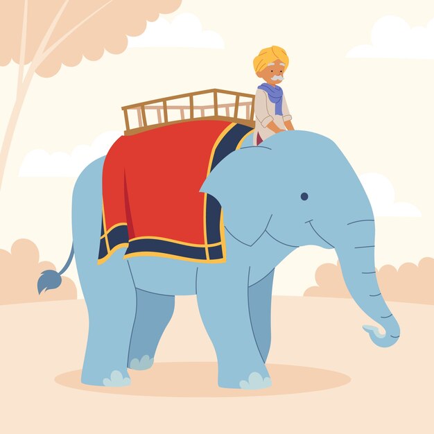 Viejo hombre indio de diseño plano en elefante