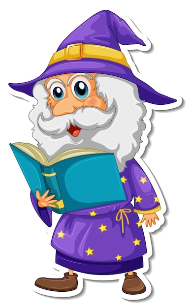 Un viejo mago leyendo una pegatina de personaje de dibujos animados de libros