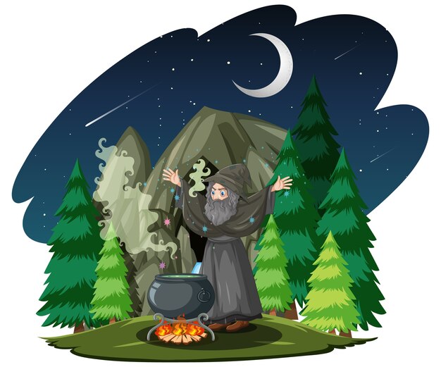 Viejo mago con olla de magia negra en estilo de dibujos animados de bosque aislado sobre fondo blanco.