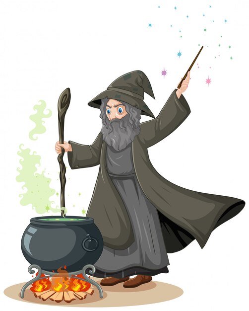 Viejo mago con pote de magia negra y varita mágica estilo de dibujos animados sobre fondo blanco.