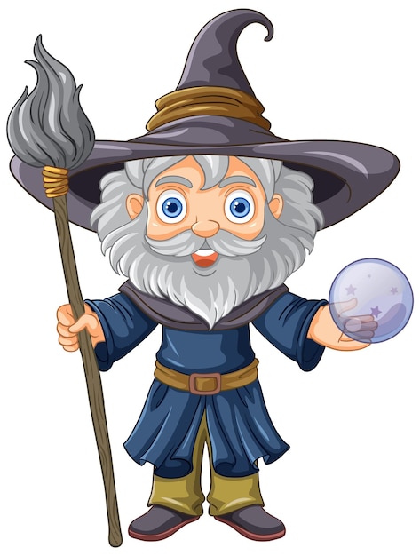 Vector gratuito viejo mago con un sombrero y una larga barba sosteniendo un palo