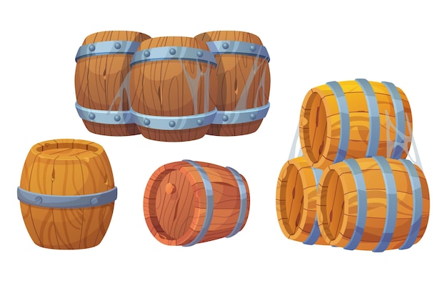 Vector gratuito viejos barriles de madera con anillos metálicos