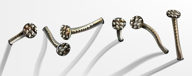 Vector gratuito viejos clavos de hierro doblados clavados en la pared, púas oxidadas con cabeza circular.