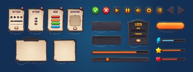 Viejos tableros de madera con botones y marcos para juego.