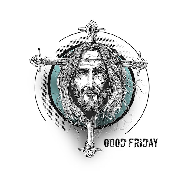Viernes Santo y Pascua Cara de Jesús en la cruz, ilustración vectorial de bocetos.