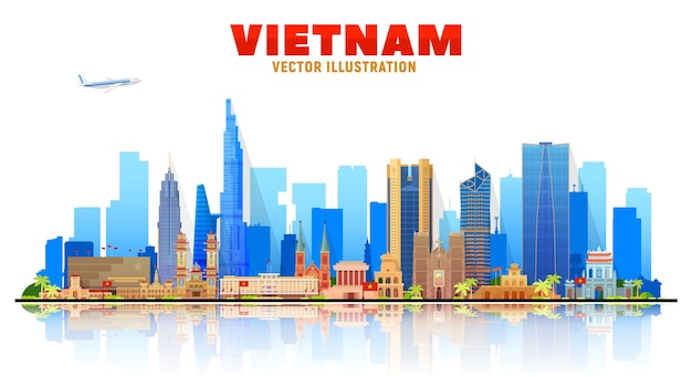 Vietnam Ho Chi Minh Hanoi y otro horizonte con panorama en el fondo del cielo Ilustración vectorial Concepto de viajes y turismo de negocios con edificios modernos Imagen para banner o sitio web
