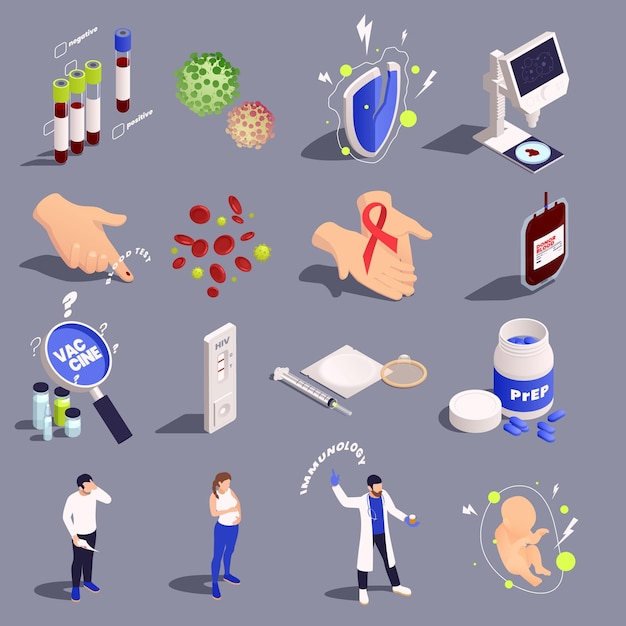VIH sida inmunodeficiencia análisis de sangre vacuna cinta roja símbolo conjunto isométrico aislado en fondo gris 3d vector ilustración