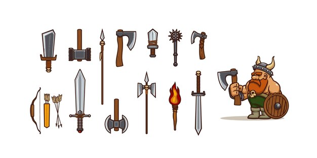 vikingo de dibujos animados y diferentes tipos de armas