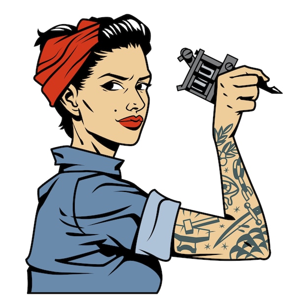 Vector gratuito vintage colorido mecánico chica con tatuaje en el brazo con llave