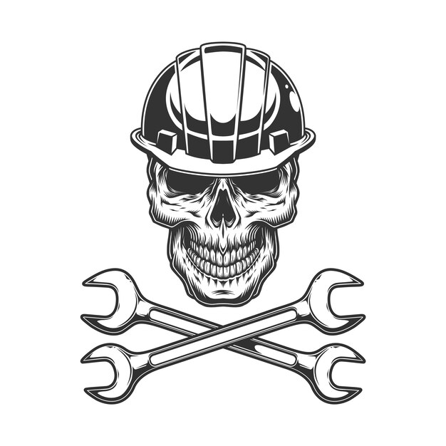 Vintage cráneo monocromo en casco de constructor