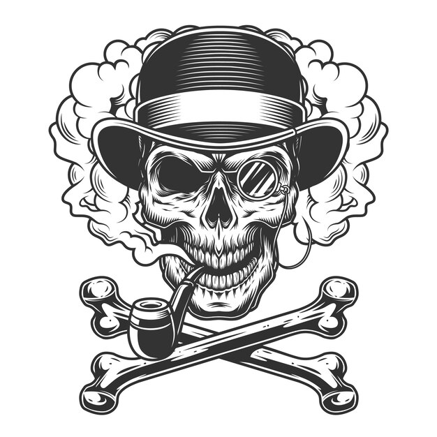 Vintage cráneo monocromo en sombrero fedora