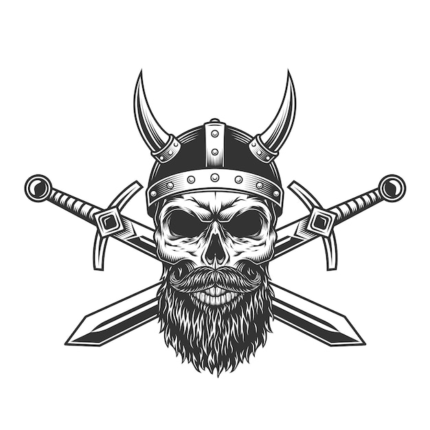 Vintage cráneo vikingo en casco con cuernos
