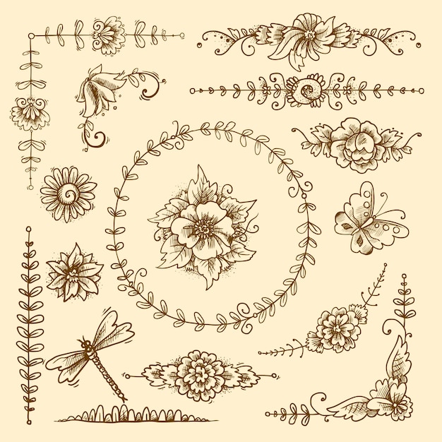 Vector gratuito vintage floral caligráfico elementos decorativos conjunto con flores y mariposas aislados ilustración vectorial