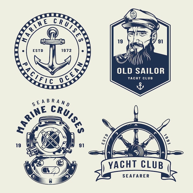 Vector gratuito vintage monocromo mar y etiquetas marinas