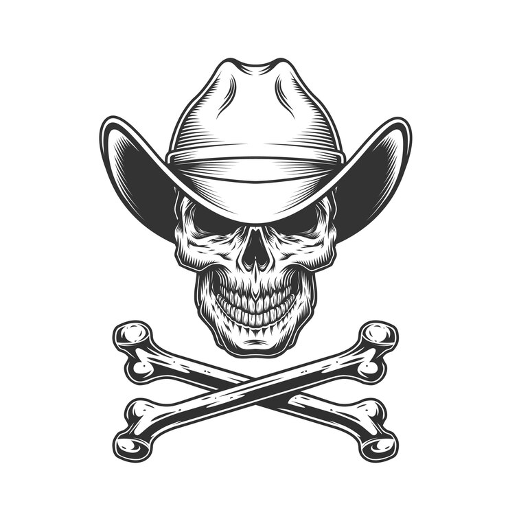 Vector gratuito vintage monocromo vaquero cráneo y tibias cruzadas