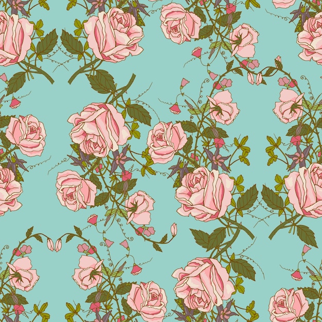 Vintage nostálgicos hermosas rosas racimos composición romántica floral de la boda regalo papel de embalaje transparente patrón de color ilustración vectorial