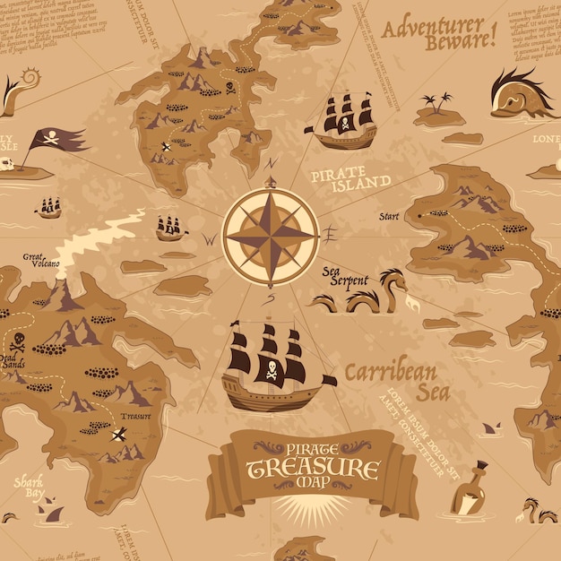 Vintage de patrones sin fisuras que muestra el mapa para la búsqueda del tesoro con islas y veleros piratas