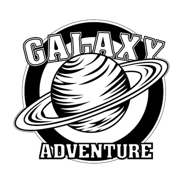 Vintage saturno en la ilustración de vector de emblema redondo. planeta monocromo con texto de aventura de galaxias