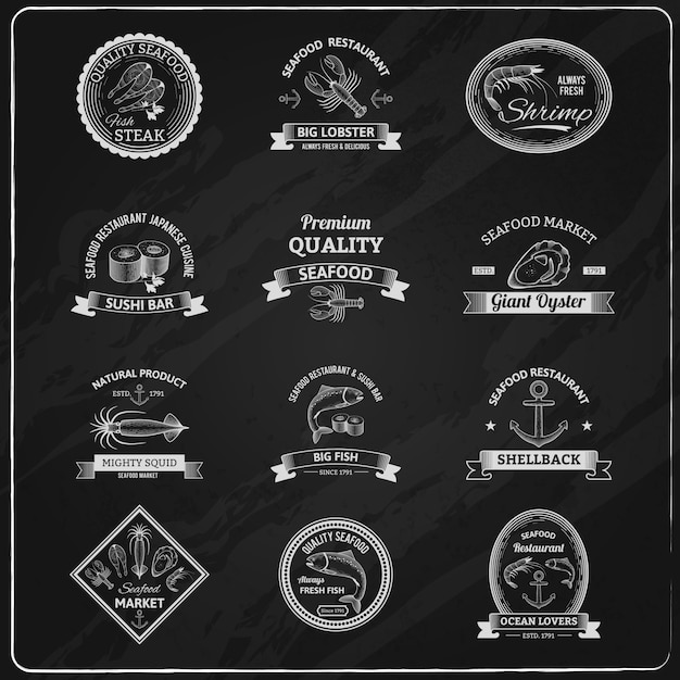 Vector gratuito vintage seafood badges chalkboard