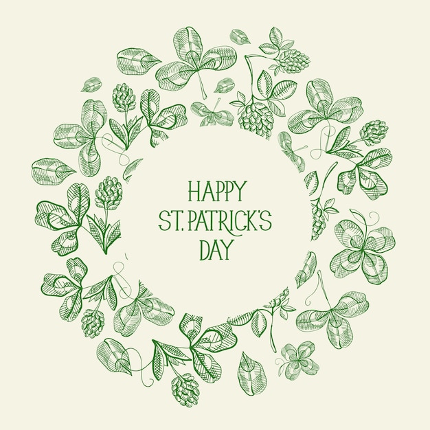 Vintage tarjeta de felicitación verde del día de San Patricio con inscripción en marco redondo y boceto ilustración de vector de trébol irlandés