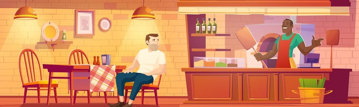 Vector gratuito visitante en la pizzería, el hombre se sienta en la mesa del café, el panadero sostiene el soporte de la pala de pizza cerca del horno en el mostrador del cajero. lugar acogedor en estilo rústico, cafetería del patio de comidas con muebles de madera, ilustración vectorial de dibujos animados