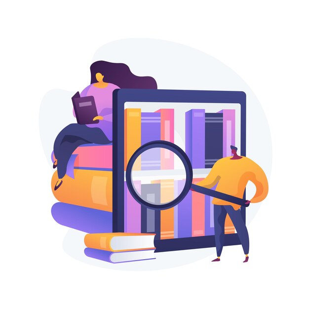 Visitantes de la biblioteca pública. Investigación científica, autoestudio, centro educativo. Personas que buscan libros en los estantes de la biblioteca, leyendo libros de texto.