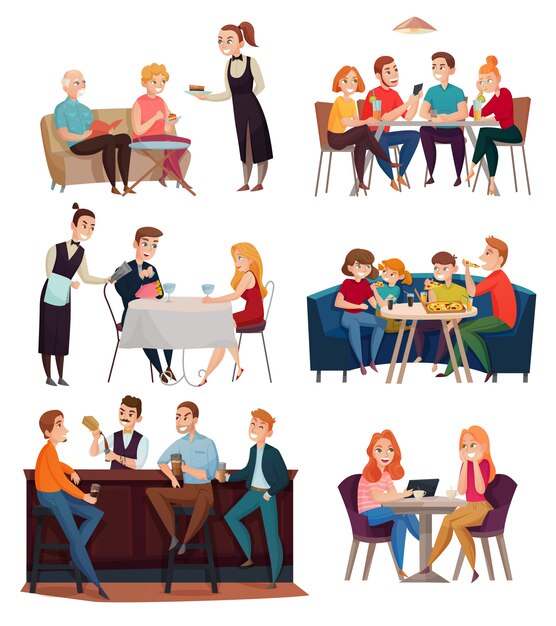 Visitantes de restaurantes y pubs con comida y bebida.
