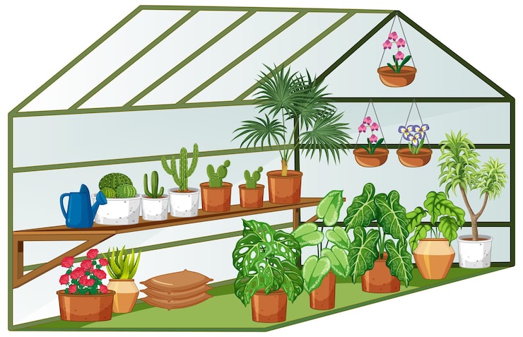 Vector gratuito vista abierta del invernadero con muchas plantas en el interior