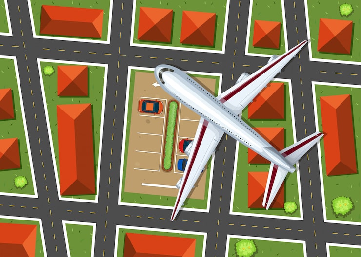 Vector gratuito vista aérea del avión volando sobre el barrio.