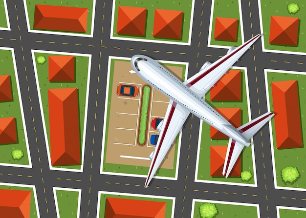 Vista aérea del avión volando sobre el barrio.