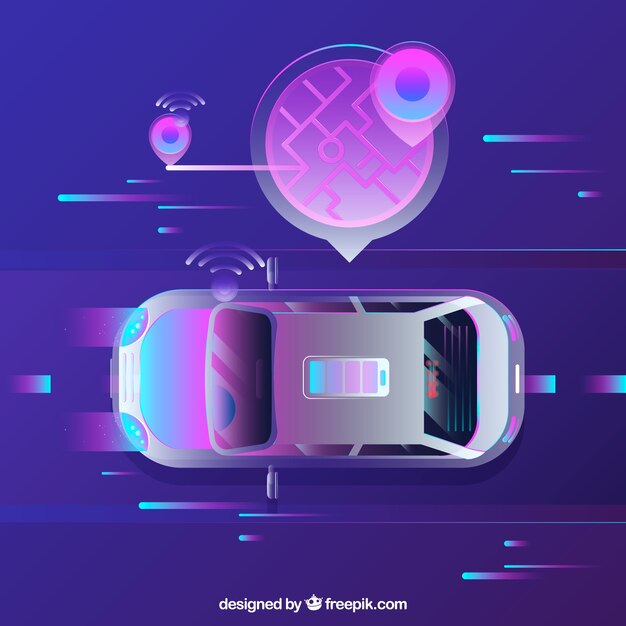 Vista aérea de coche autónomo futurista con diseño plano