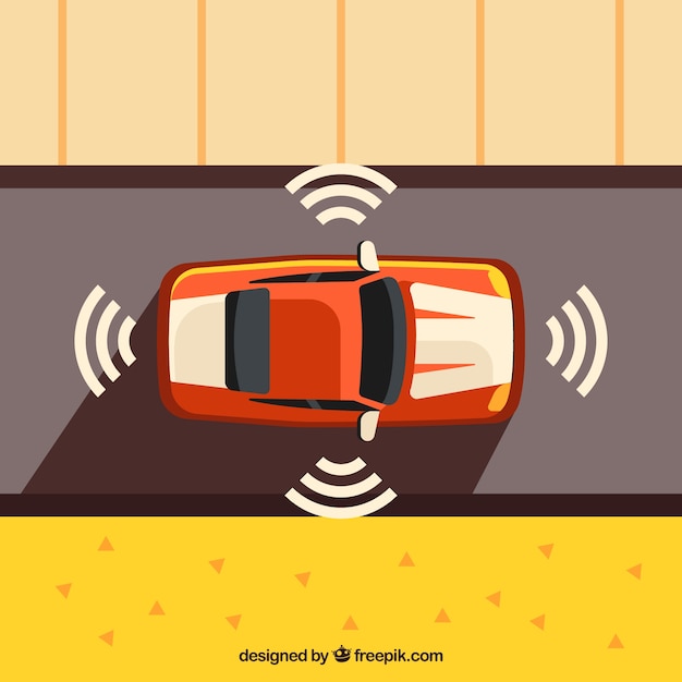 Vista aérea de coche autónomo futurista con diseño plano