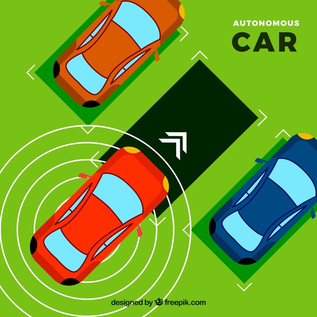 Vista aérea de coche autónomo futurista con diseño plano