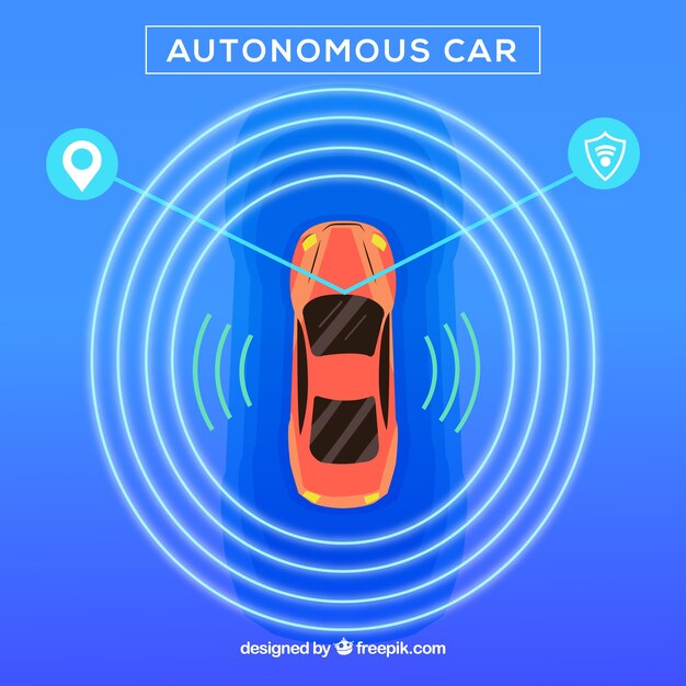 Vista aérea de coche autónomo futurista con diseño plano