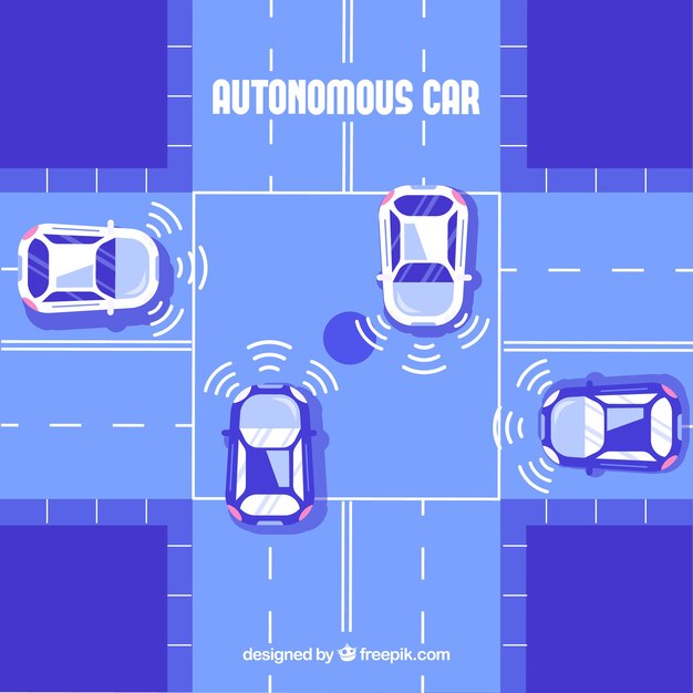 Vista aérea de coche autónomo futurista con diseño plano