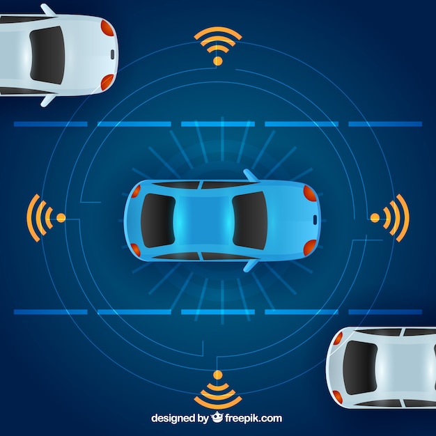 Vista aérea de coche autónomo futurista con diseño plano