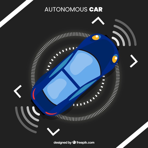 Vista aérea de coche autónomo futurista con diseño plano