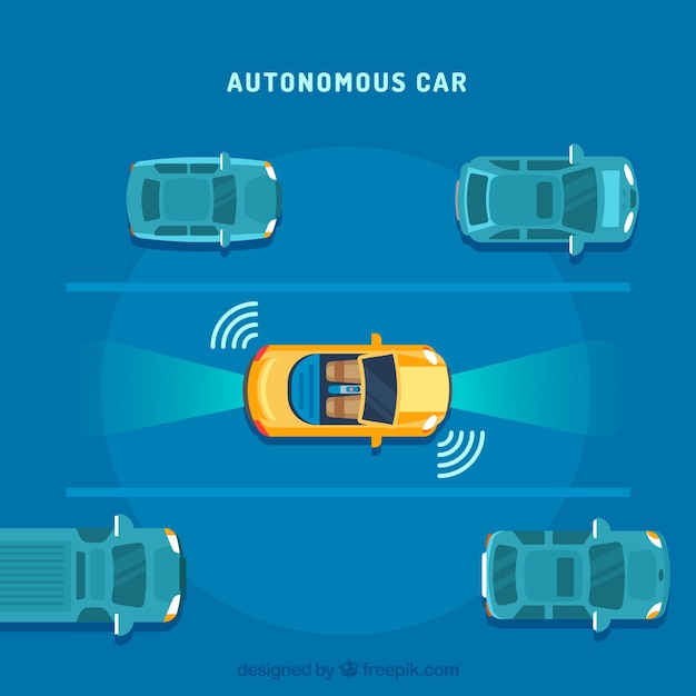 Vista aérea de coche autónomo futurista con diseño plano