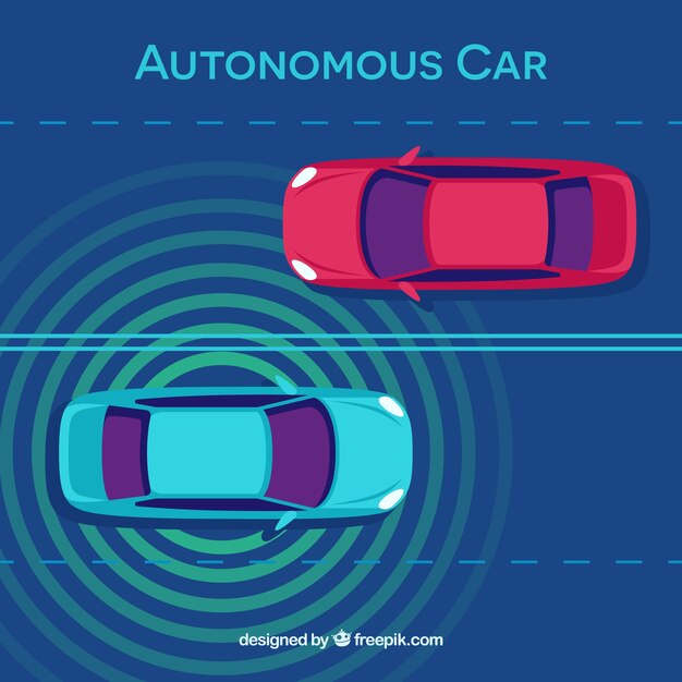 Vista aérea de coche autónomo futurista con diseño plano