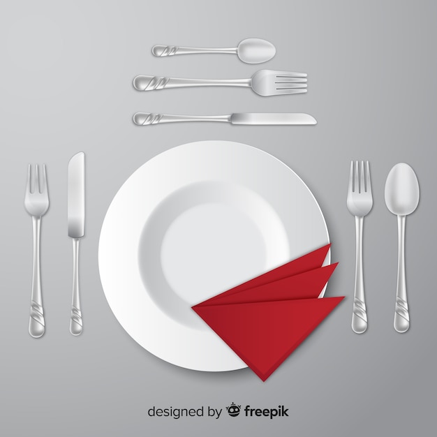 Vista aérea de cubertería de restaurante con diseño realista