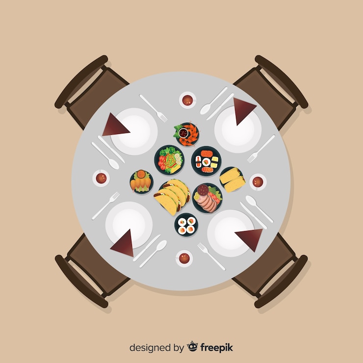 Vector gratuito vista aérea de mesa de restaurante con diseño plano