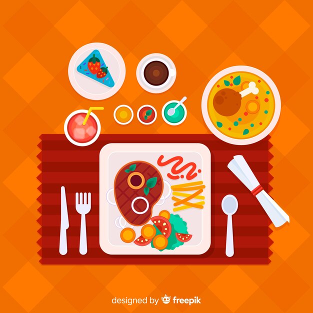 Vista aérea de mesa de restaurante con diseño plano