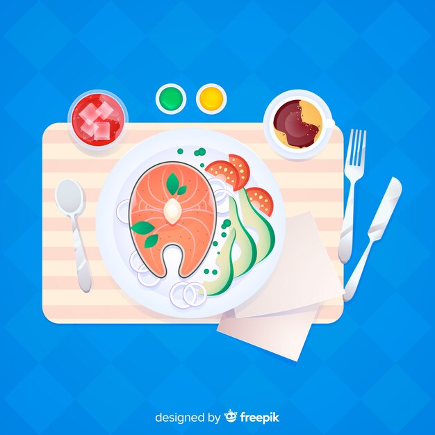 Vista aérea de mesa de restaurante con diseño plano