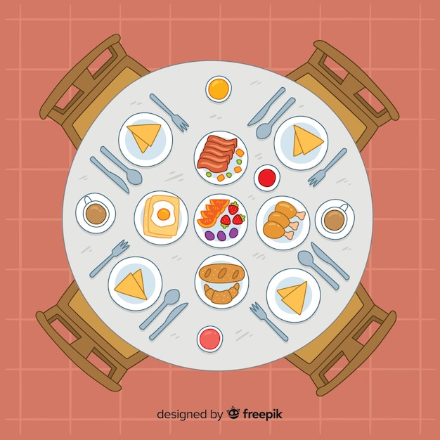 Vector gratuito vista aérea de mesa de restaurante con diseño plano