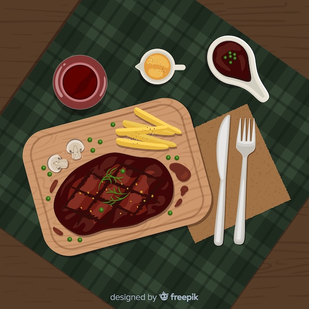 Vector gratuito vista aérea de mesa de restaurante con diseño plano