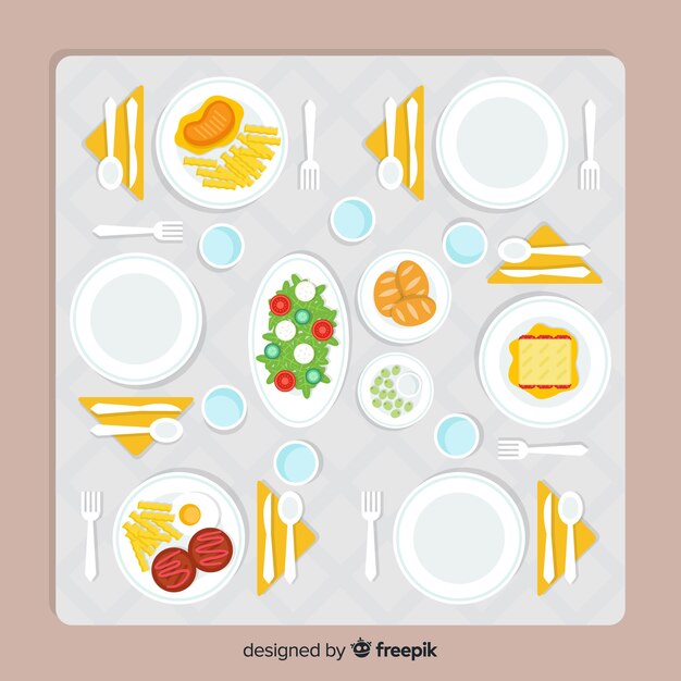 Vista aérea de mesa de restaurante con diseño plano